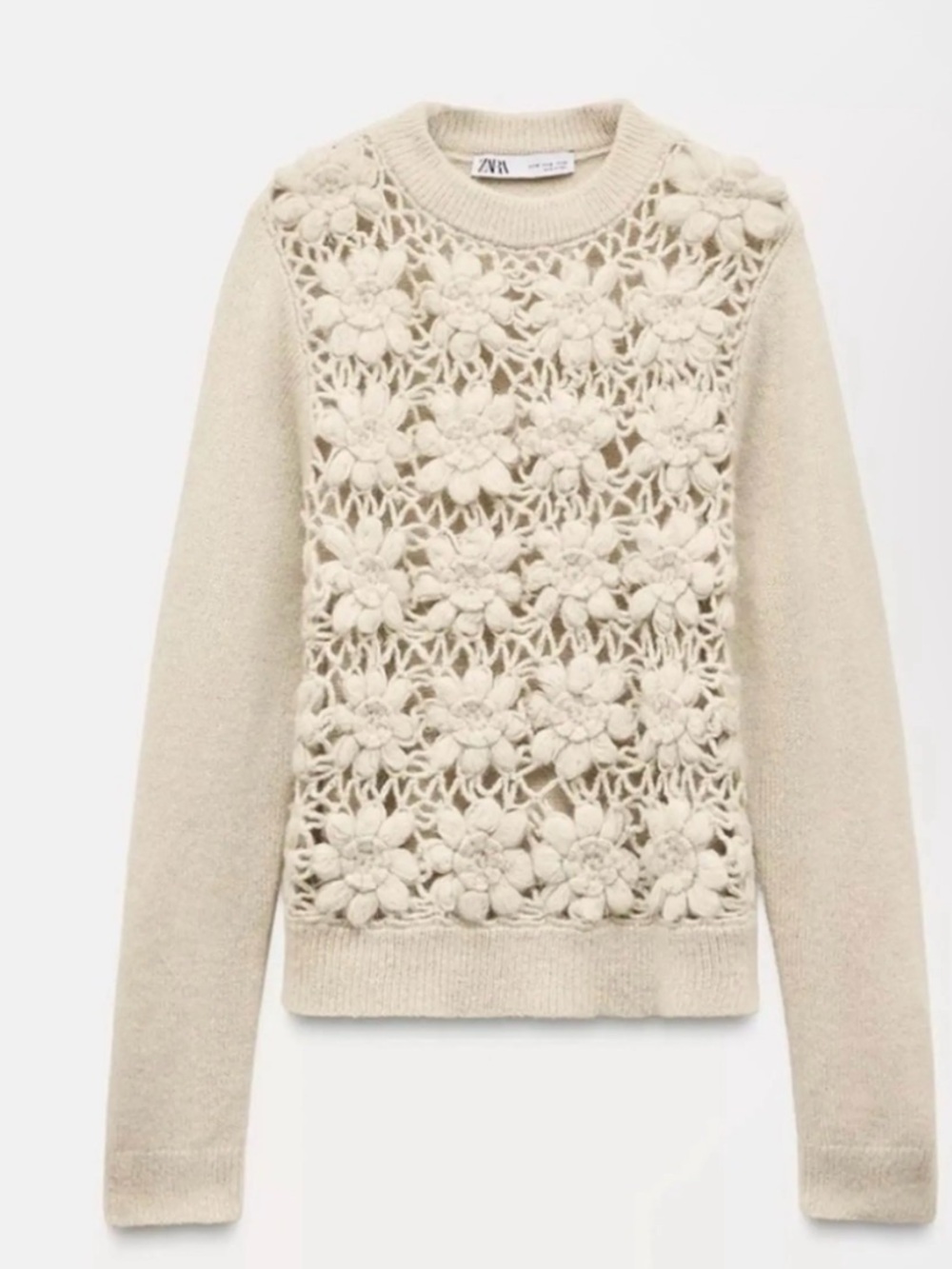 Zara Cream Crochet Floral Crewneck Sweater